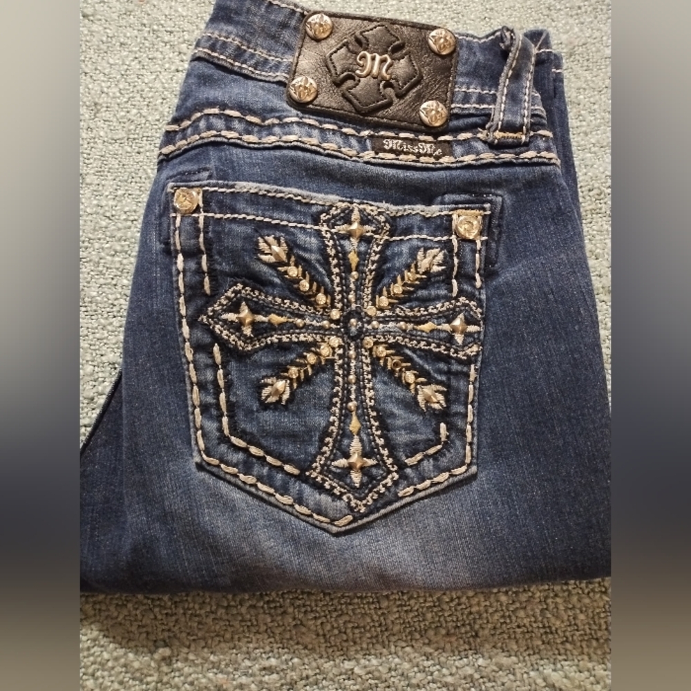 Miss Me Dark Blue Jeans with Gold Embellishments
